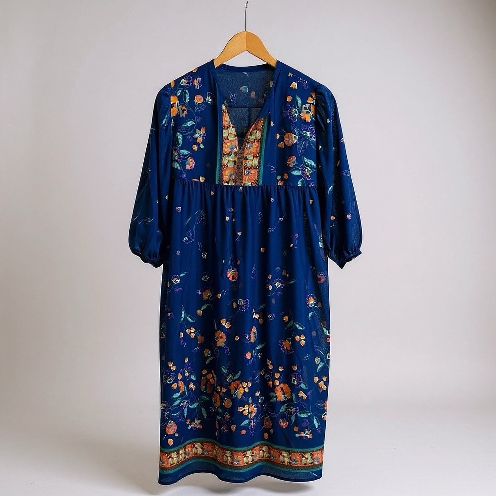 80s Vtg  Boho Floral Fairycore Dress‎ Blue Multicolor Print Festival L/XL 20 Tag